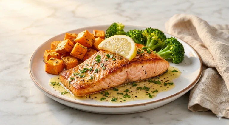 Garlic Butter Salmon with Sweet Potato & Broccoli — Solo Dinner Under $5.