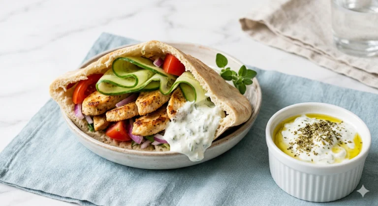 Greek Chicken Pita with Tzatziki & Cucumber — 43g Protein Solo Lunch Under $4.50