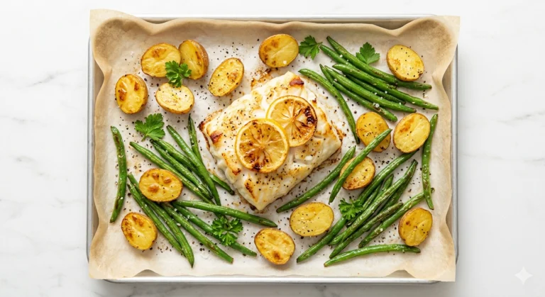 Lemon Herb Baked Cod with Roasted Potatoes & Green Beans — 44g Protein, Under $5
