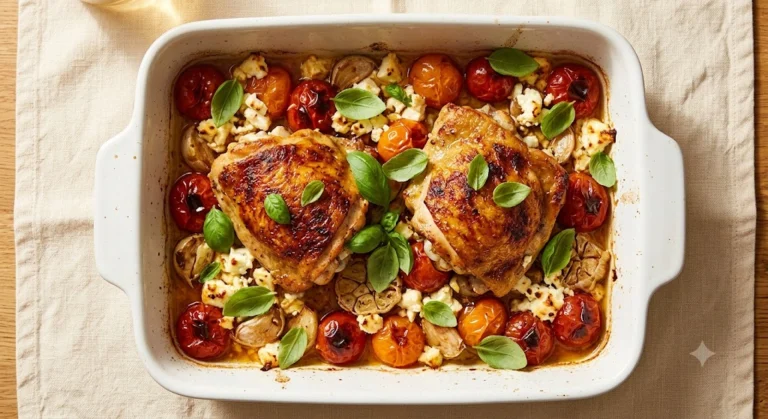 Baked Lemon Herb Chicken Thighs for Two with Roasted Tomatoes & Feta — Under $8