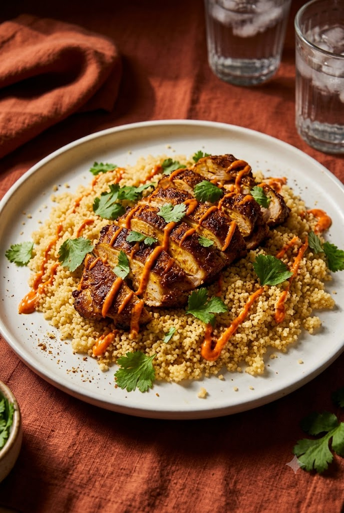 Moroccan Spiced Chicken Thigh with Couscous & Harissa Yogurt — 44g Protein, Under $5