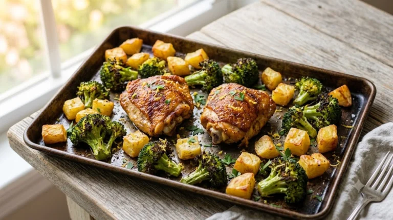 Baked Lemon Herb Chicken Thighs with Roasted Broccoli & Potatoes.
