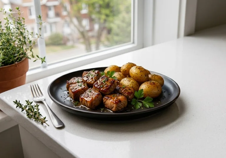 Garlic Butter Steak Bites with Herb Roasted Potatoes for Two: A Steakhouse Dinner Under $10