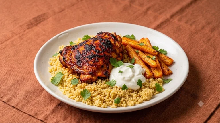 Harissa Baked Chicken Thigh with Roasted Carrot & Couscous — 46g Protein, Under $4.50