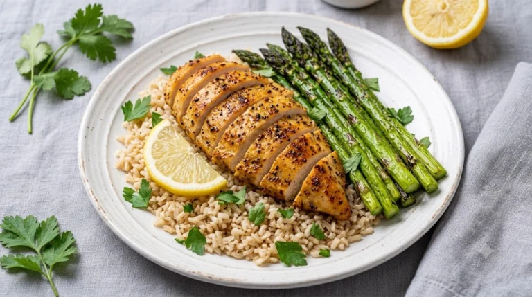 Lemon Pepper Chicken Breast with Roasted Asparagus & Brown Rice — 48g Protein, Under $5