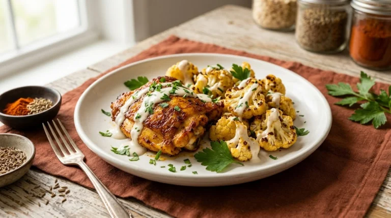 Baked Paprika Chicken Thigh with Roasted Cauliflower & Tahini Drizzle — 46g Protein, Under $5