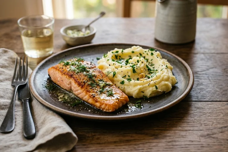 Herb Butter Salmon with Garlic Mashed Potatoes for Two: A Classic Dinner Under $10